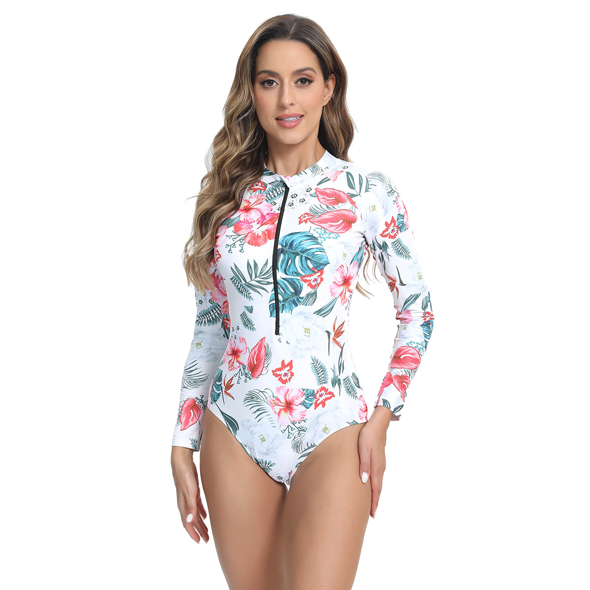 New Floral Printing Women Swimsuit Front Zipper Bodysuit Long Sleeve Bikini